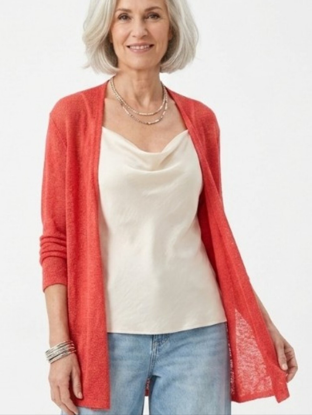 Chico's Textured Open-Front Coral Lightweight Cardigan